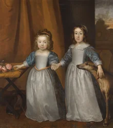 Portrait of Two Young Girls on a Terrace with Two Hounds and a Landscape Beyond